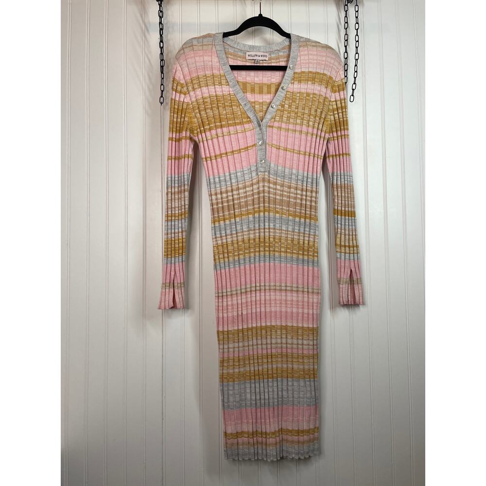 Willow & Wind Striped Multi Color Knit Long Sleeve Henley Sweater Dress Size S